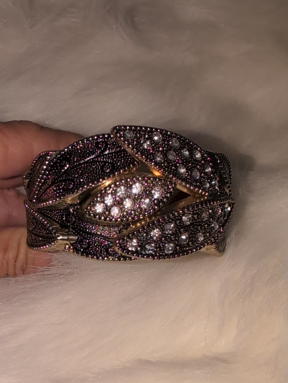 Crystal Leaf Statement Bracelet - Antigue Black and Gold Tone-  Vintage